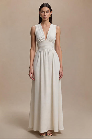 Ivory A-Line Sleeveless V-Neck Formal Dress